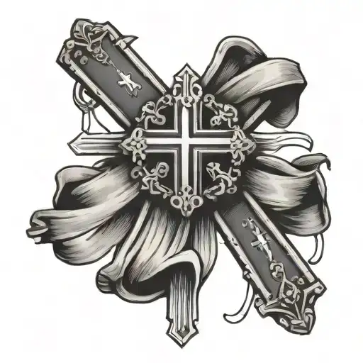 Catholic Cross With Rosary And Prayer Hands With A Ribbon Around The Cross