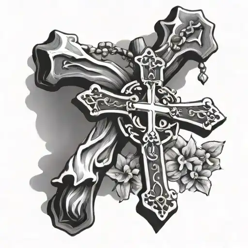 Catholic Cross With Rosary Beads And Prayer Hands