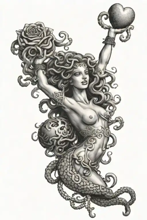 Medusa Holding Heart In One Hand And Brain In The Other Hand