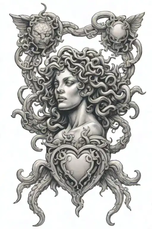 Realistic Mythological Medusa Holding Heart In One Hand And Brain In The Other Hand