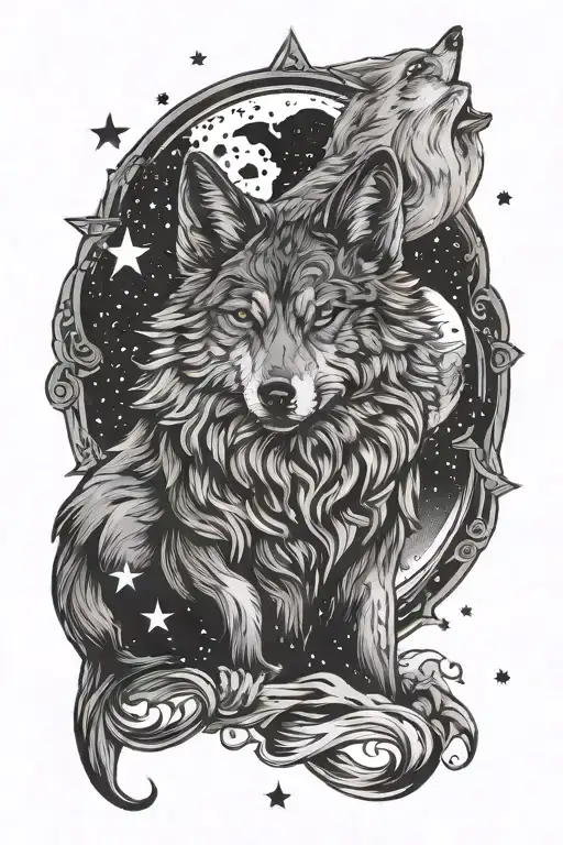 Wolf And Moon Surrounded By Stars