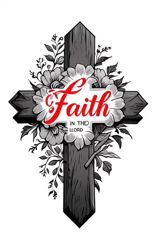 A Cross With A Red Wording Inside Saying Faith In The Lord With Some Floral