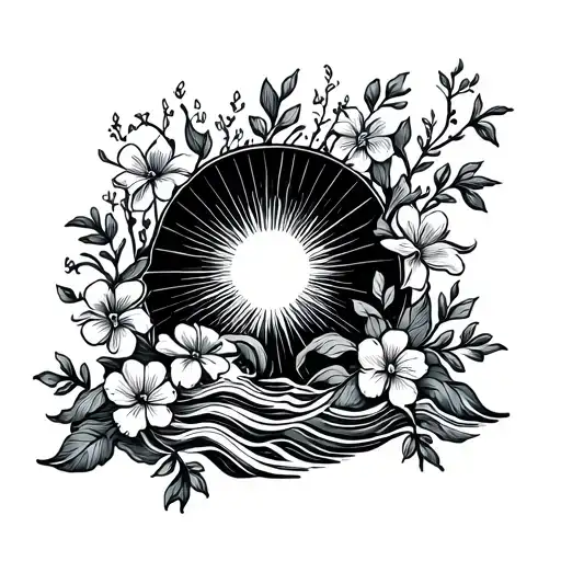 Fine Line Sun Casting Rays Onto A Delicate Vine With Flowers With Ocean Waves And Euopean Vibes