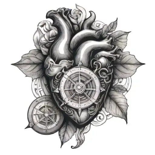 An Anatomical Heart With A Compass Rose Inside