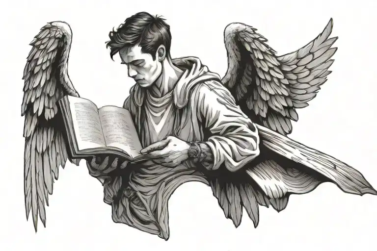 Sad Man With Wings Holding Open Book