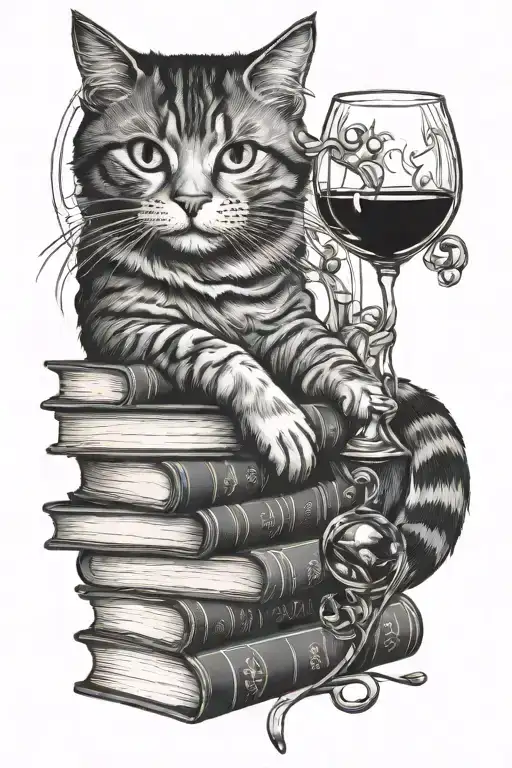 Cat On Books And Wine Glass