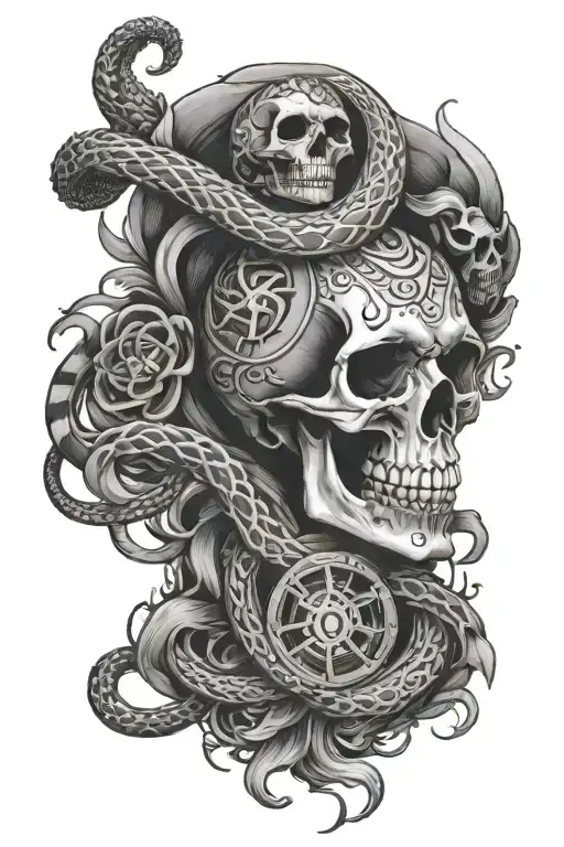 Gambling Tattoo Wrapped With A Snake Skeleton