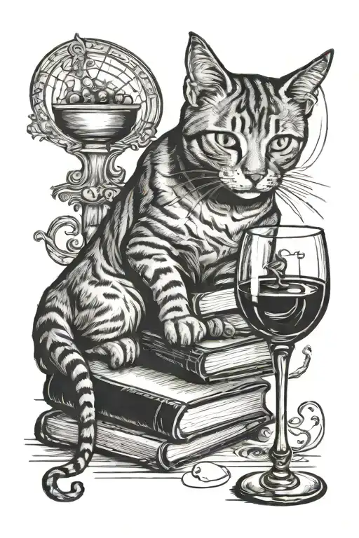 Cat Books And Wine Glass