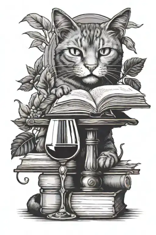 Cat Books And Wine Glass