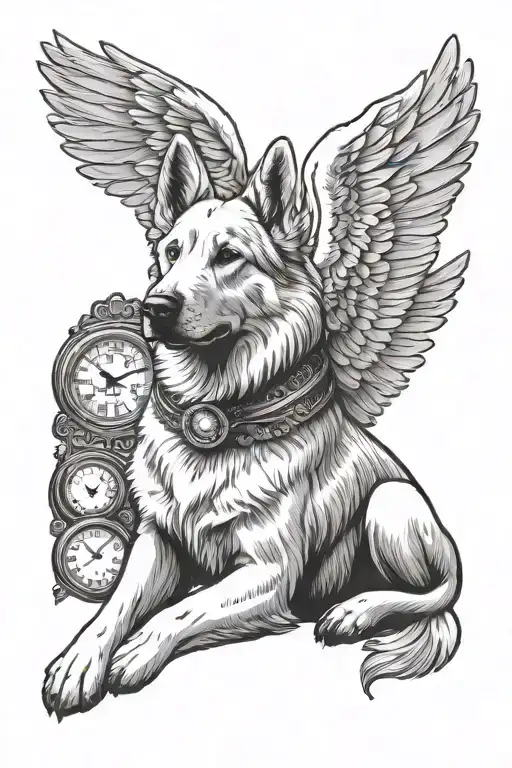 White German Shepherd Dog With Wings And Clock
