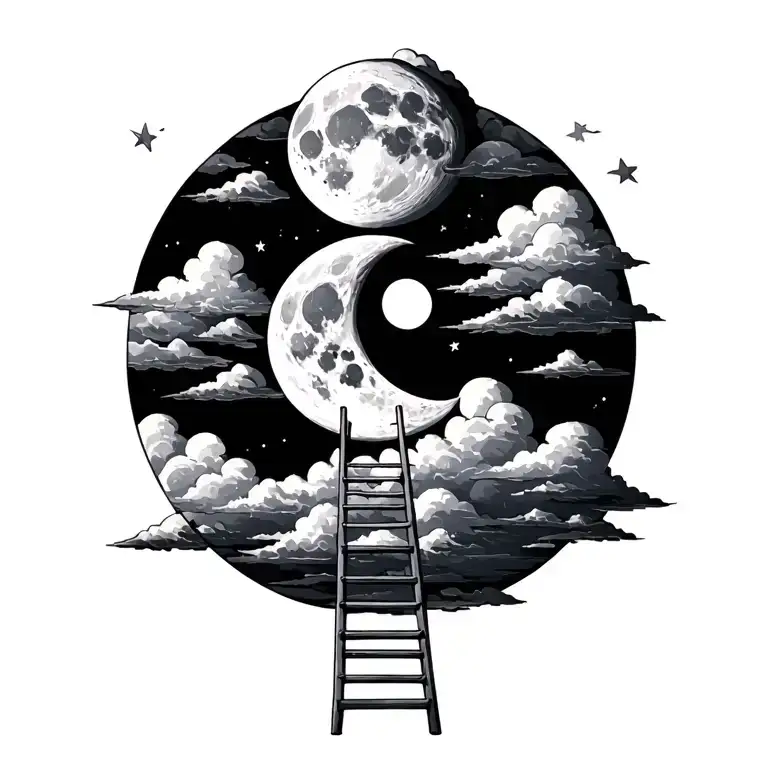 Ladder Up To Clouds With Moon Tattoo Design
