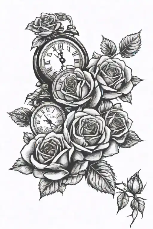 Clock On Top With 3 Roses Underneath Stacked And A Name Under Each Rose