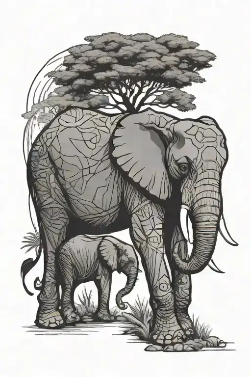 Elephant And Africa Outlined Tattoo Line Minimalist