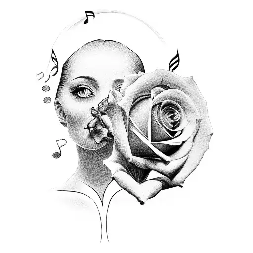 A Silhouette Of A Woman Reading The Bible With A Halo Of Roses And Music Notes Around Her Head