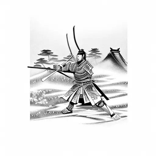 Samurai Warrior Wielding A Katana In A Traditional Japanese Landscape Setting