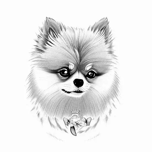 A Black And Grey Tattoo Of A Pomeranian Surrounded By Crochet Patterns And Butterflies