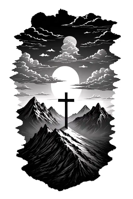An Angle Looking Over A Mountain Scape With Clouds And Sun And On The Mountains 3 Crosses