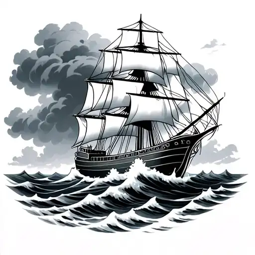 Sailor Jerry Style Ship With Waves In A Storm Cloud