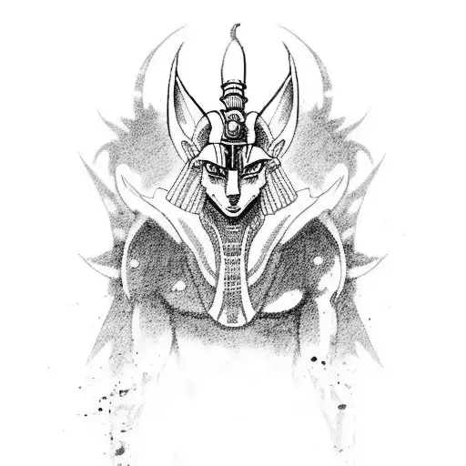 A Bleach-themed Tattoo Featuring Egyptian Mythology Elements Like Anubis In A Black-grey Style