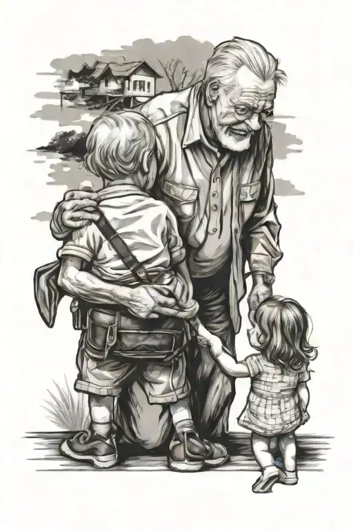 A Grandad With Braces On With His Back To You Holding Little Girls Hand