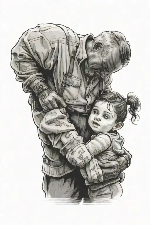 A Grandad With Braces On With His Back To You Holding Little Girls Hand