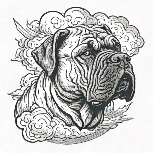 Bull Mastiff Dog Head In Thunderclouds With Lightning Shooting Out From The Bottom Of The Clouds