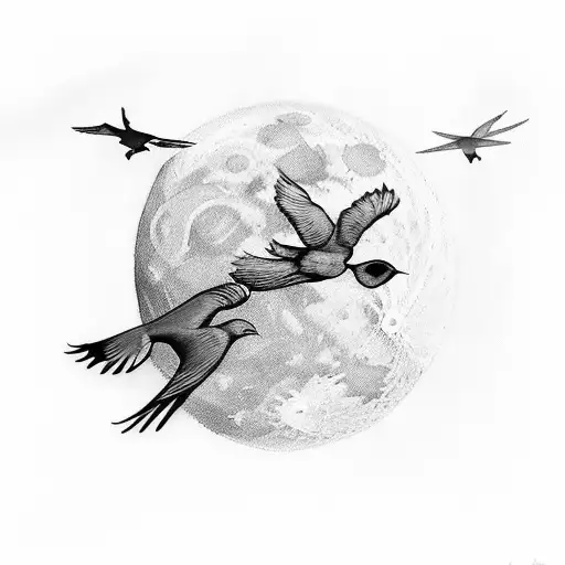 Birds Flying Over Moon