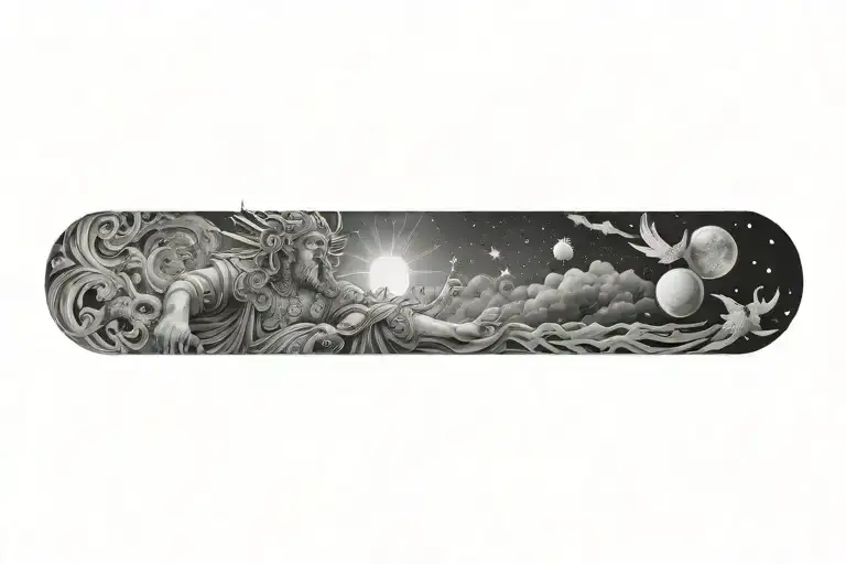 A Celestial Scene Of The Heavens With A God Figure Surrounded By Symbols Of Love And Peace