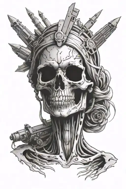 Face Of Female Statue Close Up As A Skeleton With Army Rockets Behind Her