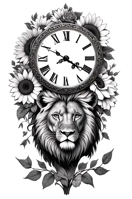 Old Clock Face With Roses And Sunflowers And A Lion