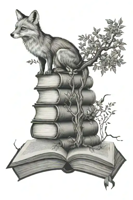 Stacked Books With Tree Growing Out Of Top Open Book With Fox Climbing Down