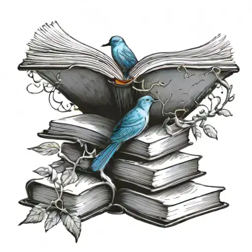 Open Book On Top Of Closed Books With Tree Growing Out And Blue Bird