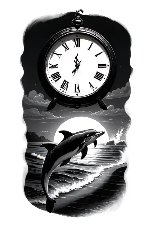 Clock And Beach And Dolphins Jumping With Sunset