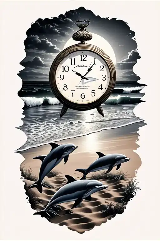 Clock In Beach Sand And Dolphins Swimming With Sunset