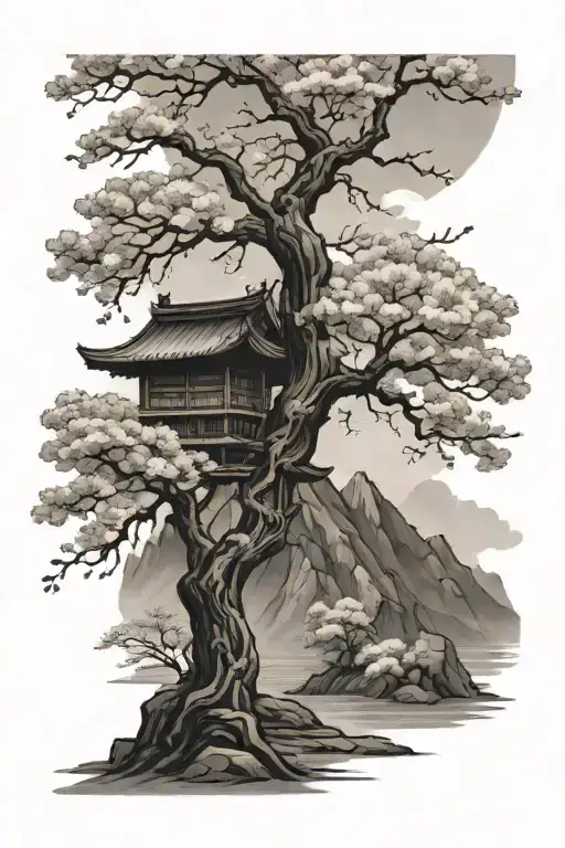 Japense Hut And Blossom Tree With Mountains Inside