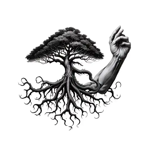 Tree On Bicep Middle And Roots Coming On Forearm Like Tentacles