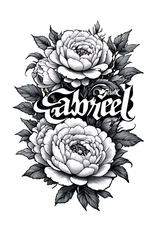 Neo Traditional Peonies Around An Overly Flourishes Script Lettering Of Gabriel