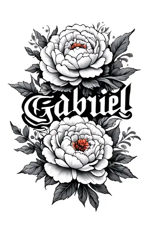 Neo Traditional Peonies Around An Overly Flourishes Script Lettering Of Gabriel