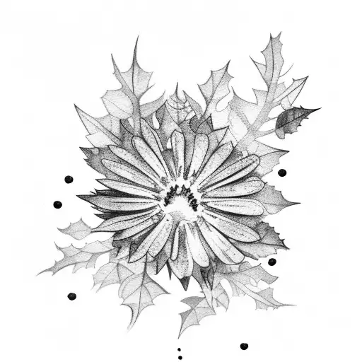Watercolor Tattoo Of Aster Flower And Holly Leaves With Berries