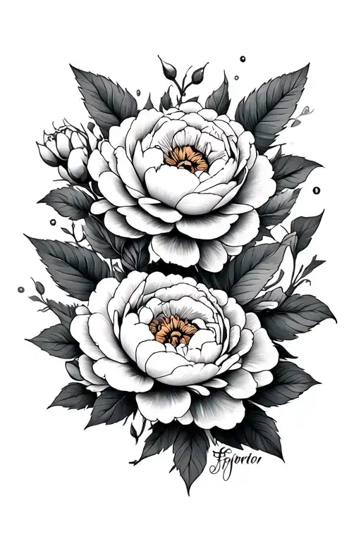 Neo Traditional Peonies Around Pretty And Flourished Calligraphy Lettering Of Gabriel