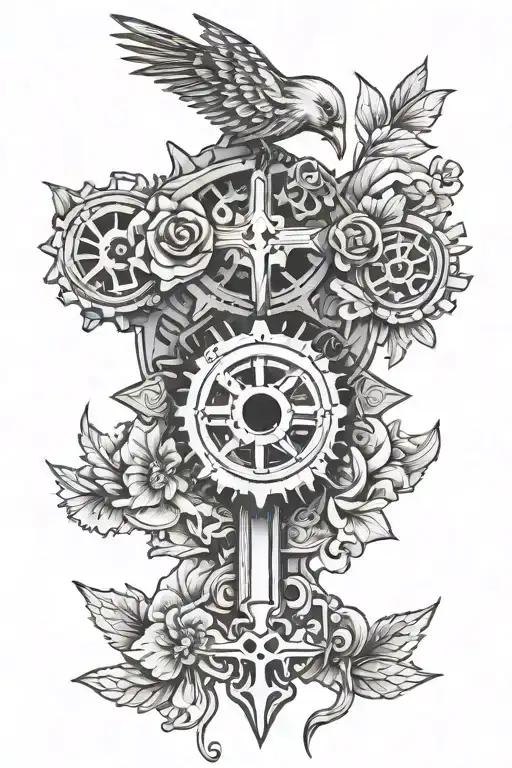 Gears With Flowers A Cross And A Bird