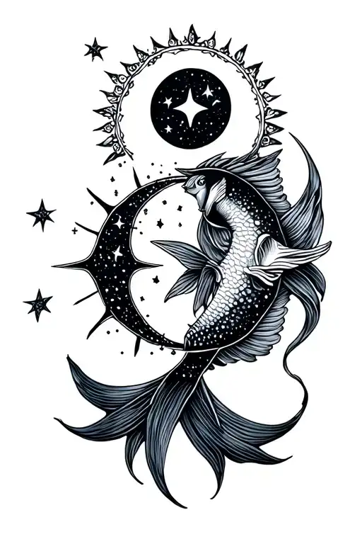 Sign Pisces With Sol Up And Luna Below And A Star In The Middle With Its Constellation