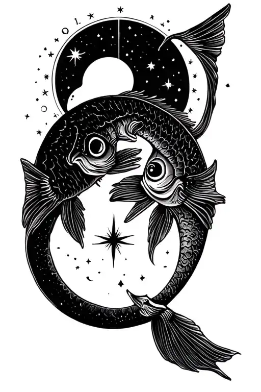 Sign Pisces Two Fish With Sun Up And Luna Below And A Star In The Middle With Its Constellation