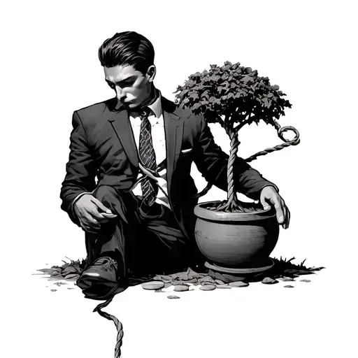 Man In Suit With A Noose Around His Neck Attached To A Small Tree In A Pot