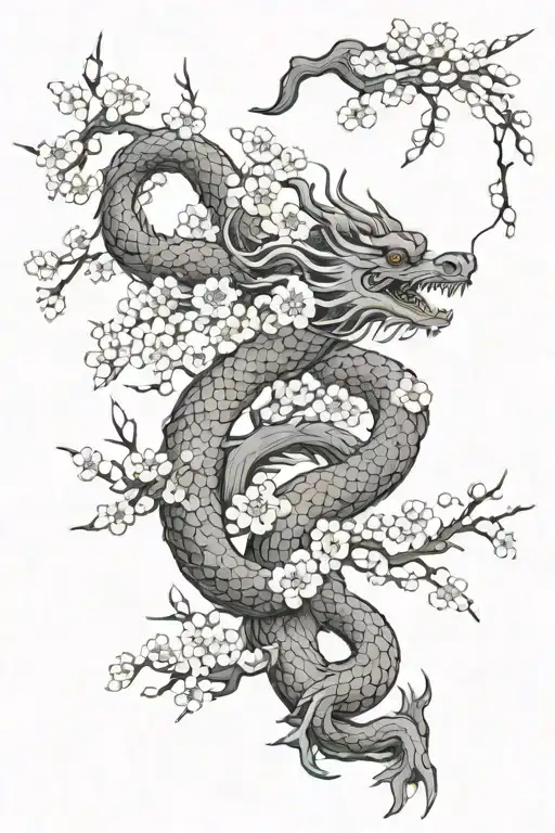 Cherry Blossom Tree And Japanese Dragon