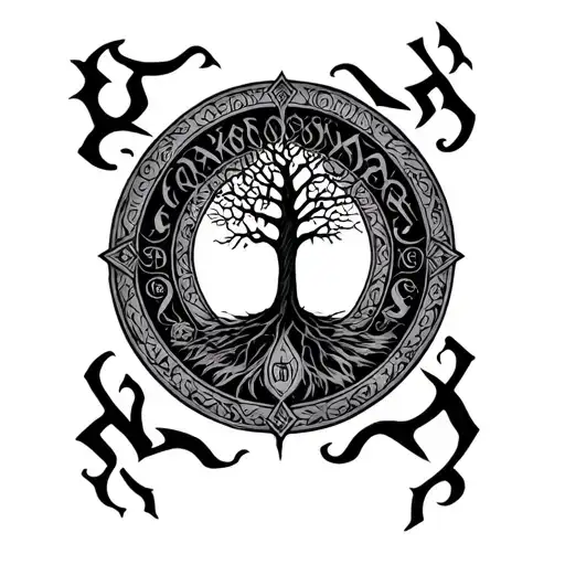 Lord Of The Rings Elvish Script Circular Tattoo With Tree Of Gondor In Center