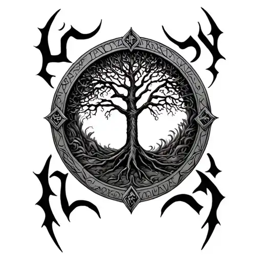 Lord Of The Rings Elvish Script Circular Tattoo With Tree Of Gondor In Center