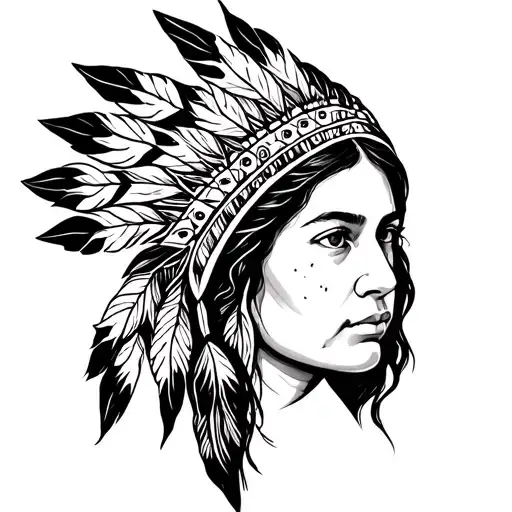 Native American Woman Face Cut In Half Black And White Fine Line