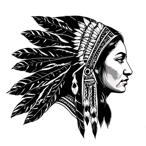 Native American Woman Half Face Black And White Fine Line
