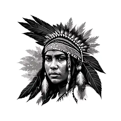 Native American Woman Front Half Face Black And White Fine Line